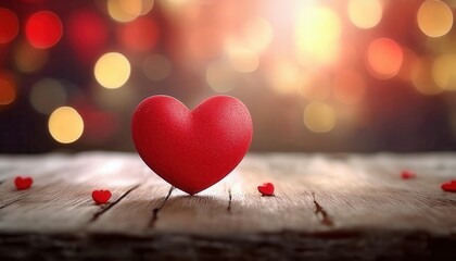 Poster - Red Heart Symbol of Love on Rustic Wooden Table with Warm Bokeh Background Perfect for Romantic Themes Valentine's Day and Affection