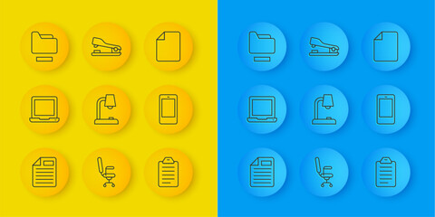 Poster - set line file document, laptop, table lamp, to list or planning, mobile phone, document folder, and 