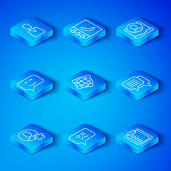 Poster - Set line Elected employee, Global technology, Sad smile, Speech bubble chat, Telephone 24 hours support, Smile face, Employee and Online quiz, test, survey icon. Vector