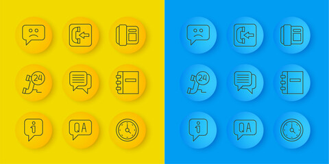 Poster - Set line Information, Telephone 24 hours support, Speech bubble chat, Clock, Notebook, Sad smile, handset and Incoming call icon. Vector