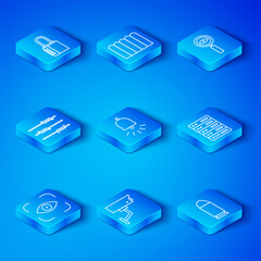 Poster - set line eye scan, ringing alarm bell, security camera, server, data, web hosting, magnifying glass 