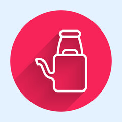 Poster - White line Watering can icon isolated with long shadow. Irrigation symbol. Red circle button. Vector