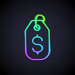 Poster - Glowing neon line Price tag with dollar icon isolated on black background. Badge for price. Sale with dollar symbol. Promo tag discount. Vector