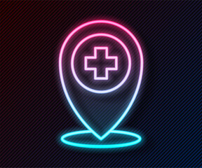Poster - glowing neon line medical map pointer with cross hospital icon isolated on black background. vector
