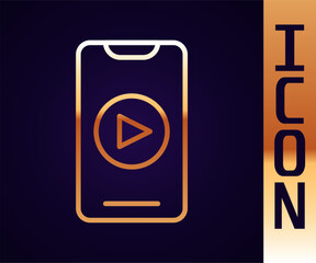 Poster - Gold line Online play video icon isolated on black background. Smartphone and film strip with play sign. Vector