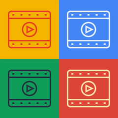 Poster - Pop art line Play Video icon isolated on color background. Film strip sign. Vector