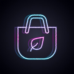 Poster - Glowing neon line Paper shopping bag with recycle icon isolated on black background. Bag with recycling symbol. Vector