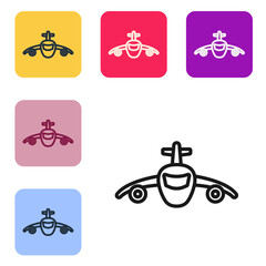 Poster - Black line Plane icon isolated on white background. Flying airplane icon. Airliner sign. Set icons in color square buttons. Vector