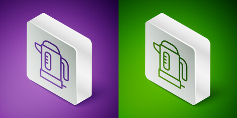 Poster - isometric line electric kettle icon isolated on purple and green background. teapot icon. silver squ