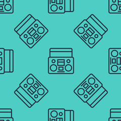 Poster - Black line Home stereo with two speakers icon isolated seamless pattern on green background. Music system. Vector