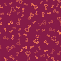 Poster - brown line key in heart shape icon isolated seamless pattern on red background. happy valentines day