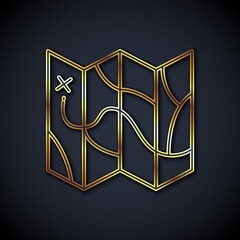Poster - gold line folded map icon isolated on black background. vector