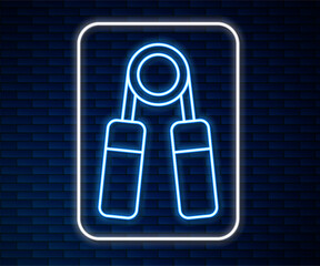 Poster - Glowing neon line Sport expander icon isolated on brick wall background. Sport equipment. Vector