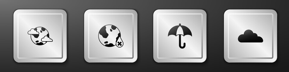 Poster - Set Earth planet with clouds, Water drop percentage, Umbrella and Cloud icon. Silver square button. Vector