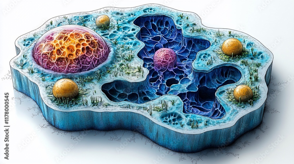 Artistic Rendering Of A Cross Sectioned Cell Showing Organelles Stock ...