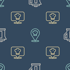 Poster - Set line Electric kettle, Chef hat with location and on seamless pattern. Vector