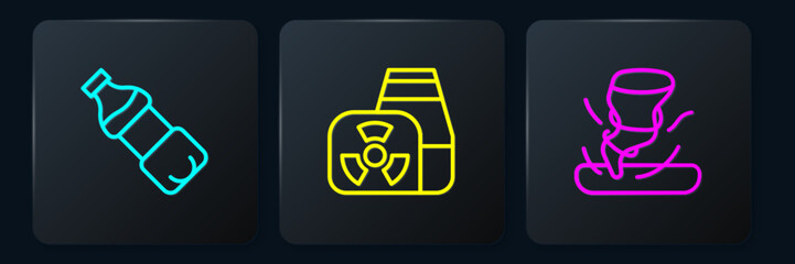 Poster - Set line Bottle of water, Tornado and Nuclear power plant. Black square button. Vector