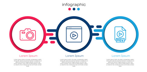 Poster - Set line Photo camera, Online play video and MOV file document. Business infographic template. Vector
