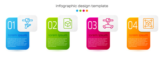 Poster - Set line 3D printer gun, Isometric cube file, car and Geometric figure Cube. Business infographic template. Vector
