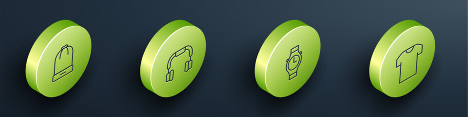 Poster - Set Isometric line Winter hat, Headphones, Wrist watch and T-shirt icon. Vector