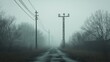 © musa - Foggy road disappearing into misty landscape with power lines and bare trees.
