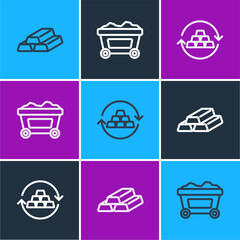 Poster - Set line Gold bars, exchange money and Mine cart with gold icon. Vector