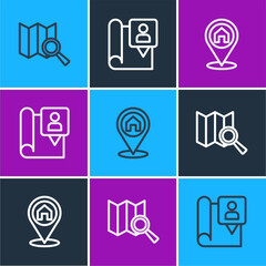 Poster - set line search location, location with house and folded map marker icon. vector