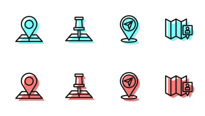 Poster - set line map pin, folded map with location marker, and icon. vector