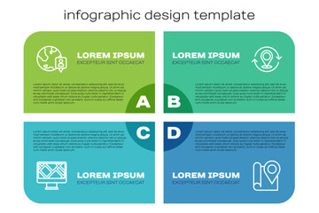 Poster - set line monitor with map location, location the globe, folded marker and map pin. business infograp