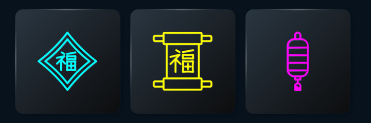 Poster - Set line Chinese New Year, paper lantern and . Black square button. Vector