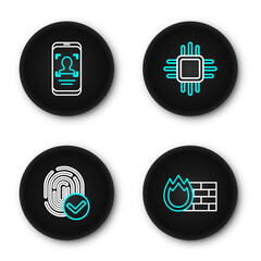 Poster - Set line Firewall, security wall, Fingerprint, Processor with microcircuits CPU and Mobile and face recognition icon. Vector