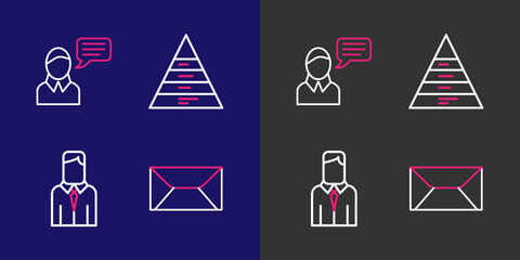 Poster - set line envelope, worker, pyramid chart infographics and speech bubble chat icon. vector