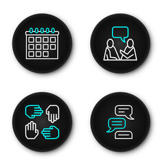 Poster - Set line Speech bubble chat, Project team base, Two sitting men talking and Calendar icon. Vector