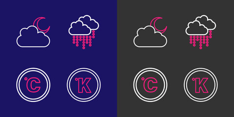 Poster - Set line Kelvin, Celsius, Cloud with rain and moon icon. Vector