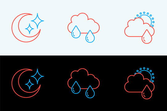 Set line Cloud with rain and sun, Moon stars and icon. Vector