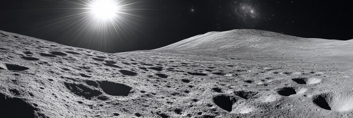 Wall Mural - barren moonscape, illuminated by ethereal star, distant galaxy, surreal lunar surface textures