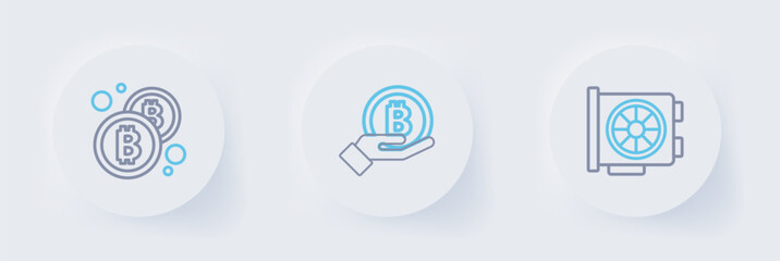 Poster - set line video graphic card, hand holding bitcoin and icon. vector