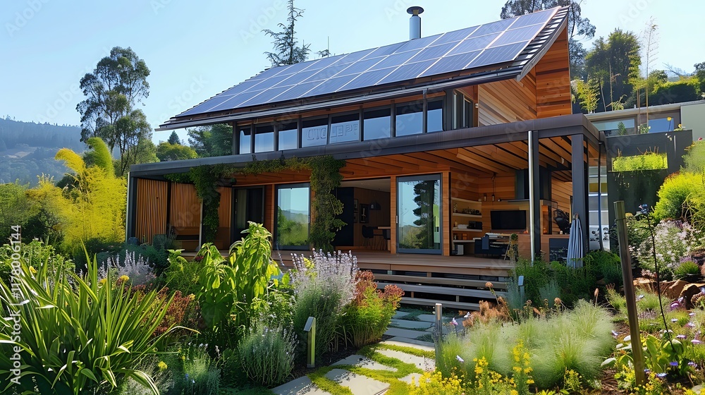 A modern eco-friendly house with solar panels on the roof, rainwater ...