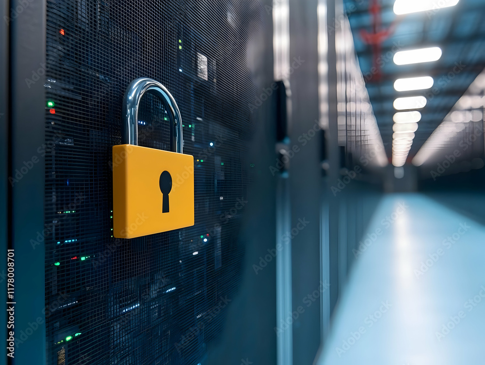 Yellow padlock secures server rack in data center; background shows ...