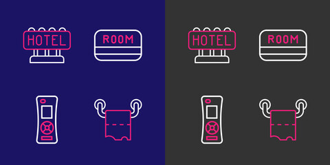 Poster - set line toilet paper roll, remote control, hotel key card and signboard with text icon. vector