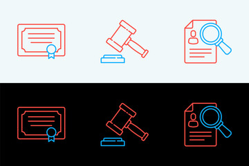 Poster - Set line Paper analysis magnifying, Certificate template and Judge gavel icon. Vector