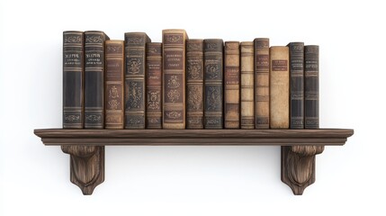 Wall Mural - A wooden shelf with a set of vintage books on a white isolated background