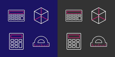 Poster - Set line Protractor, Calculator, Geometric figure Cube and icon. Vector