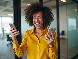 Wall Mural - Joyful woman in yellow shirt celebrating while using smartphone in modern office. Curly hair and expressive smile convey success and excitement. Ideal for business, technology and achievement themes.