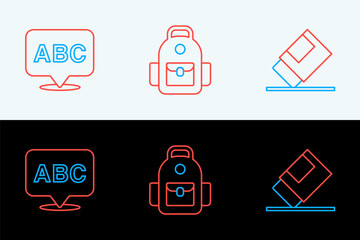 Poster - Set line Eraser or rubber, Alphabet and School backpack icon. Vector
