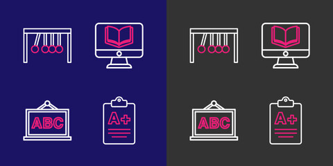 Poster - Set line Exam sheet with A plus grade, Chalkboard, Online class and Pendulum icon. Vector
