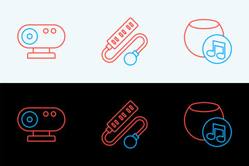 Poster - Set line Voice assistant, Web camera and Electric extension cord icon. Vector