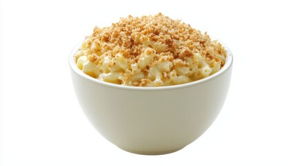 A delicious bowl of creamy mac and cheese with breadcrumbs on top on a white isolated background