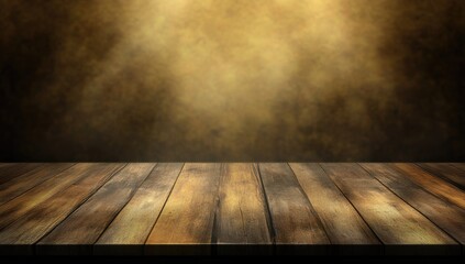 Aufkleber - Wooden table with a brown background and a spotlight illuminating one side, creating a stage-like atmosphere ideal for product presentations or creative designs