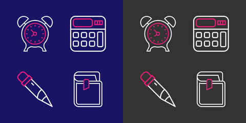 Poster - Set line Book, Pencil with eraser, Calculator and Alarm clock icon. Vector
